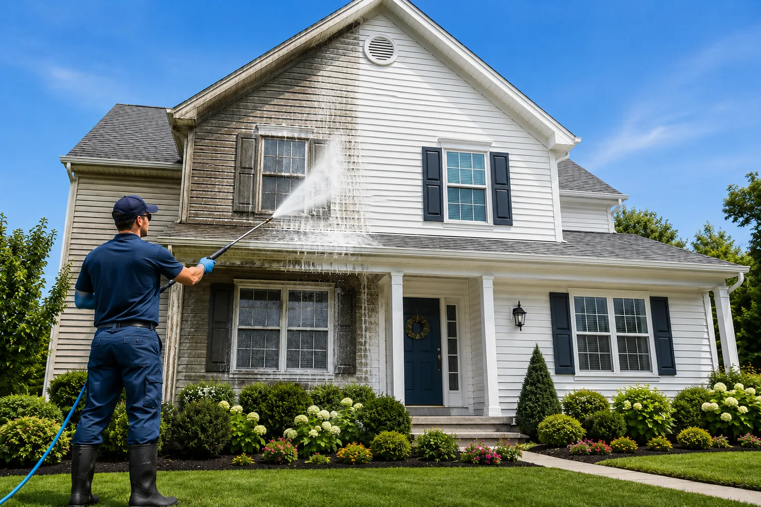 Clean London suburban home exterior after a soft-wash, taken from the driveway approach