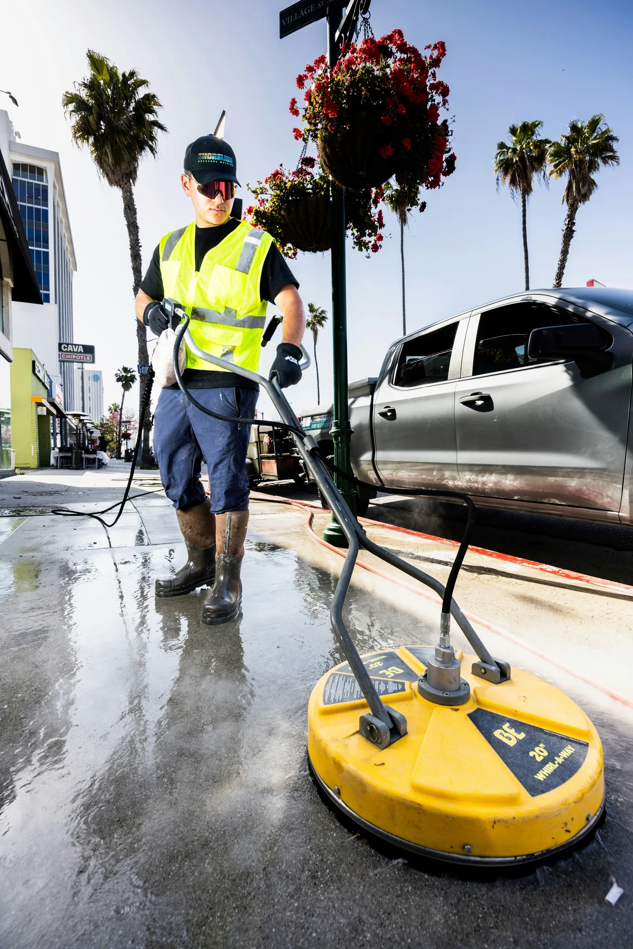 London retail strip-mall storefront cleaning route in progress
