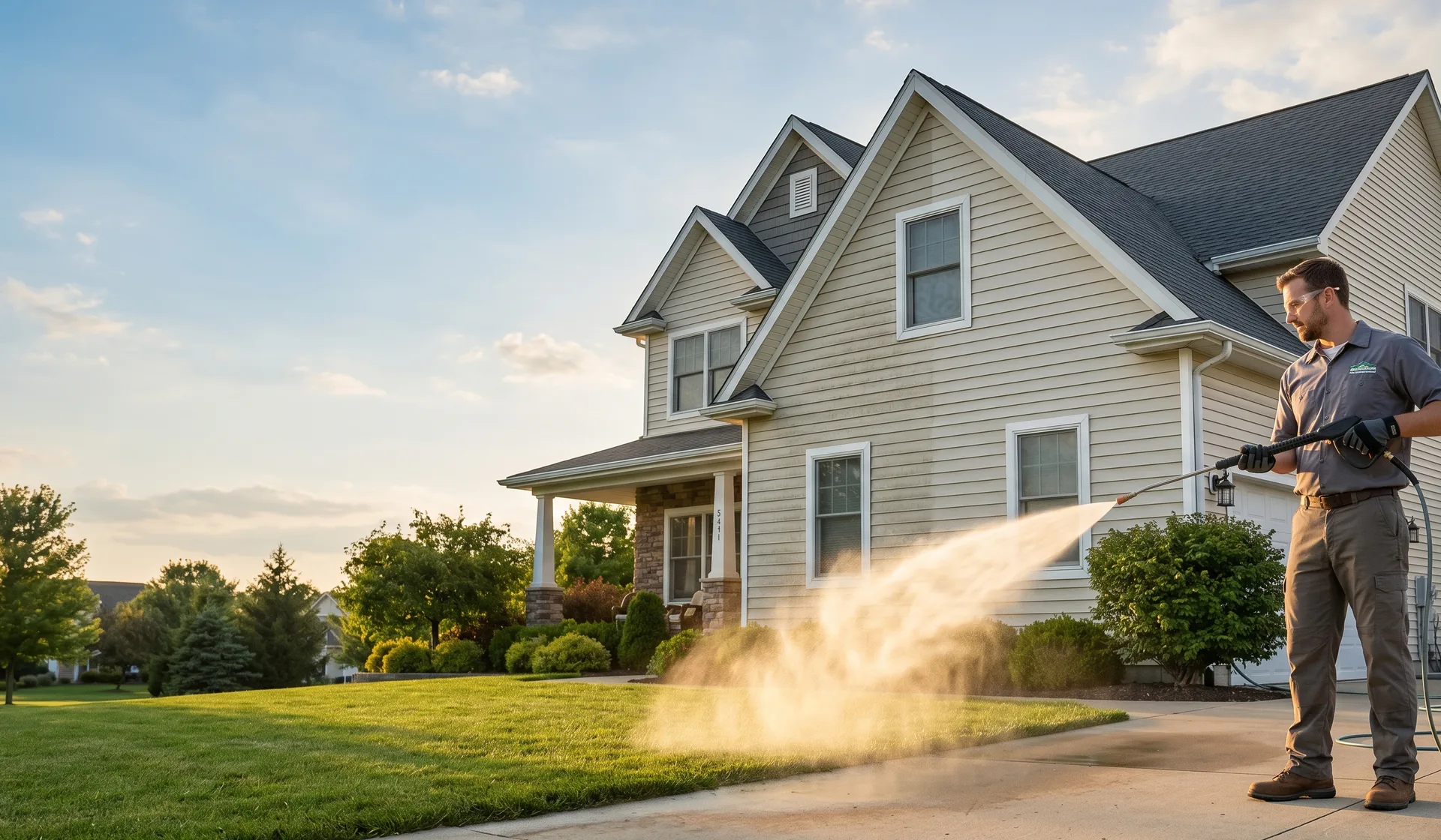 Soft-wash technician cleaning a two-storey home exterior at golden hour in a London neighbourhood