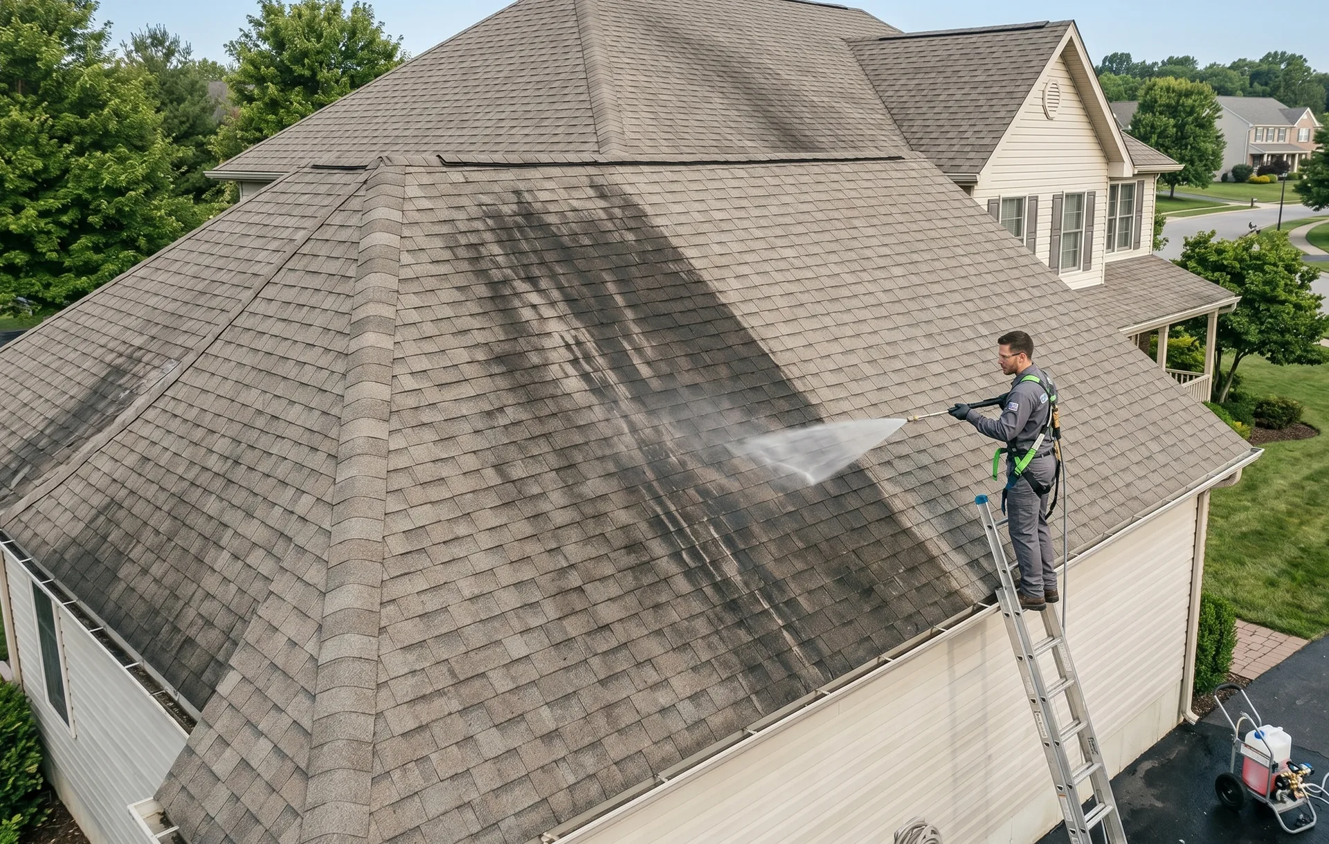 London chimney being cleaned with ARMA-compliant no-walk method from extension wand
