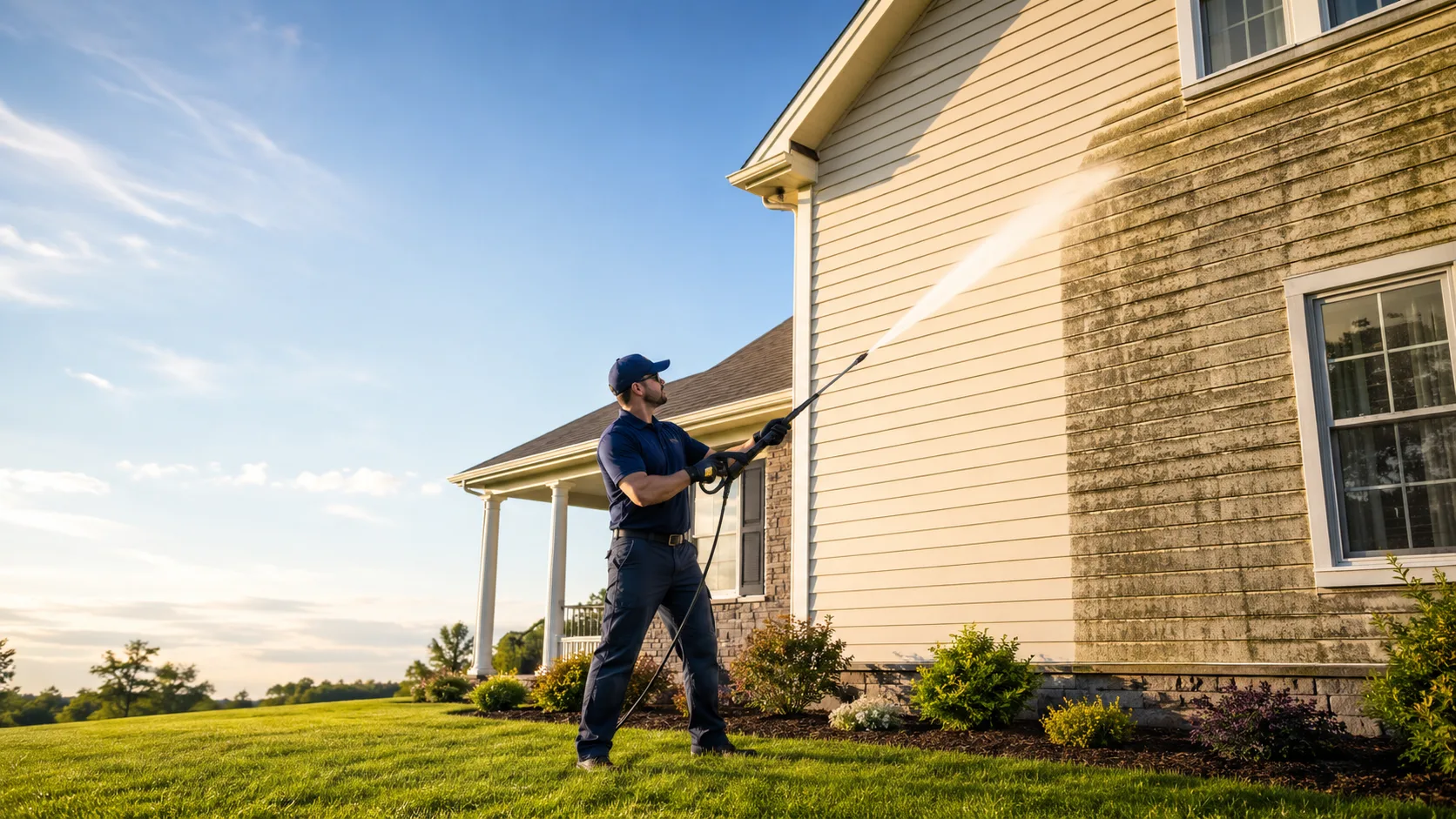 London technician soft-washing the upper storey of a vinyl-siding home with a low-pressure surfactant rig