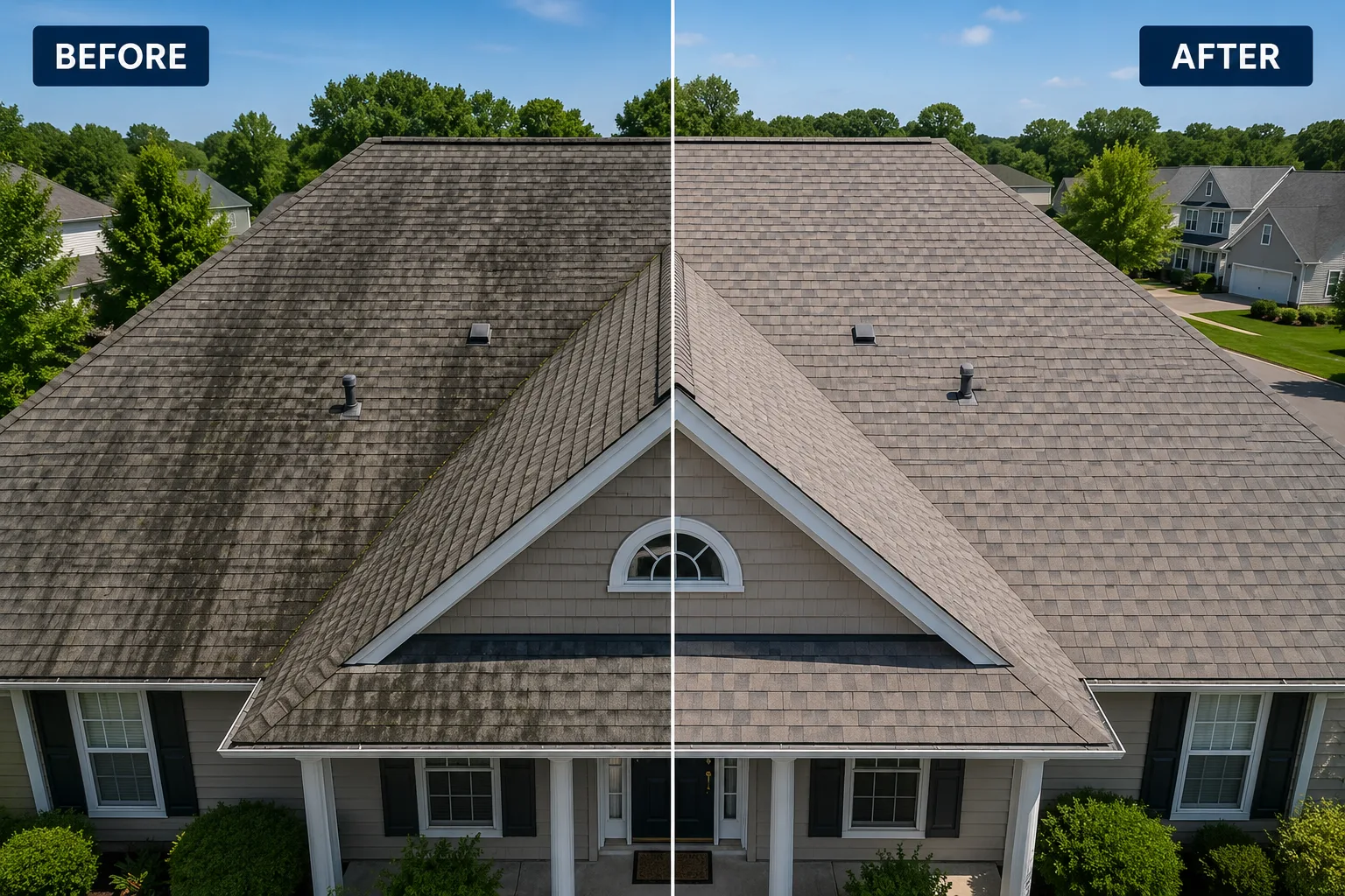 London two-story home with chimney cleaned alongside roof