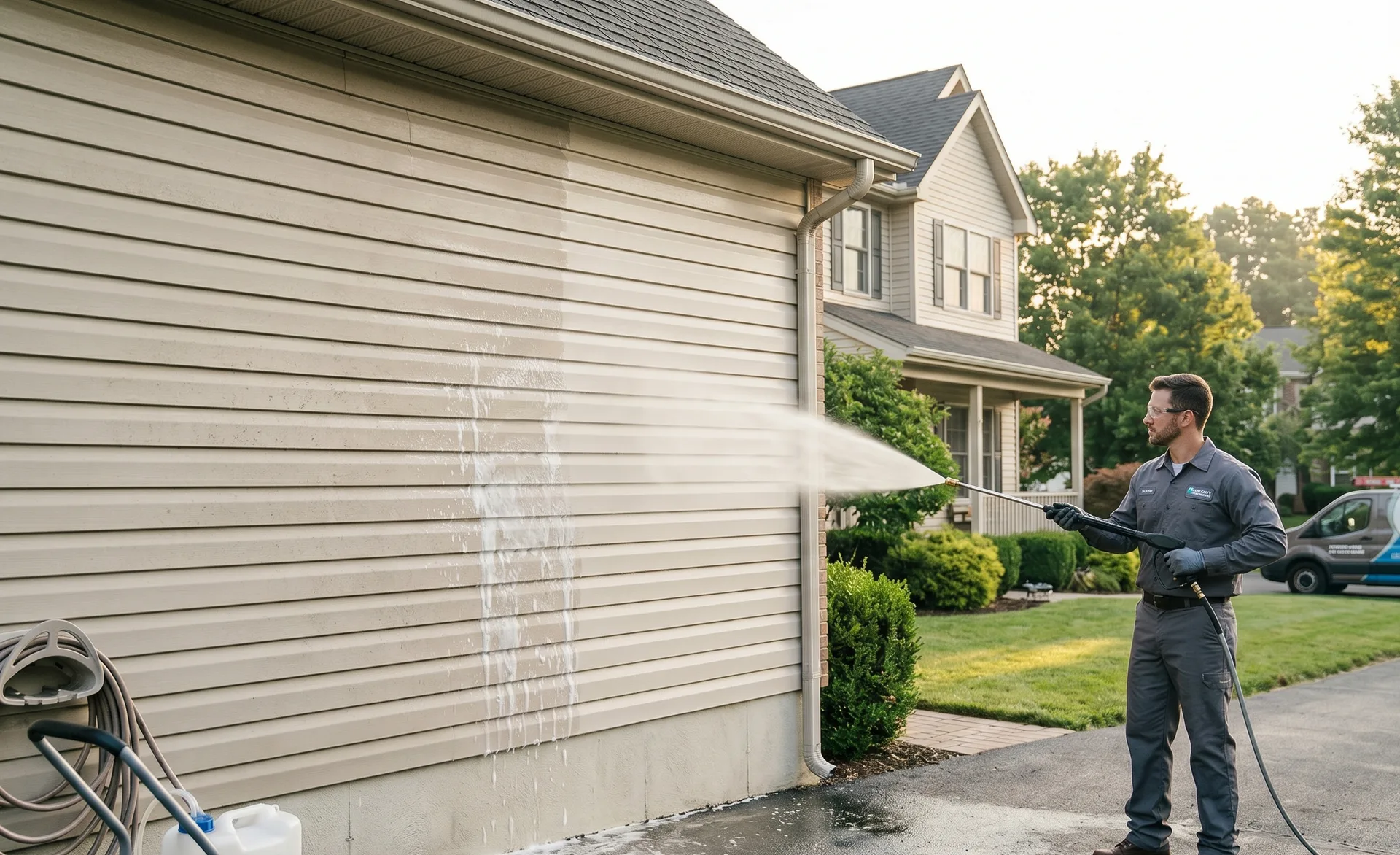 Close-up of soft-wash chemistry being applied to delicate vinyl siding in London
